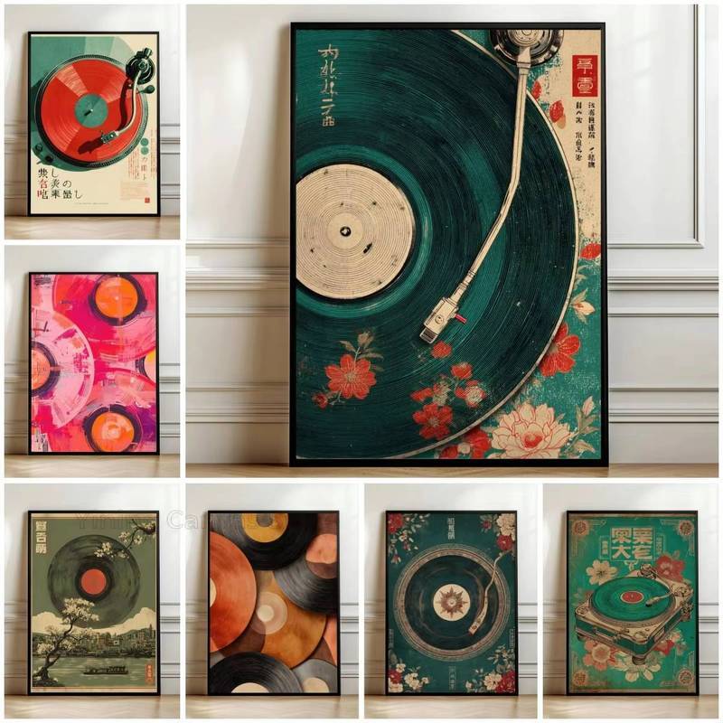 Japanese Style Vinyl Record Wall Decor Gift Floral Pattern Canvas Painting Art Home Wall Decor Canva