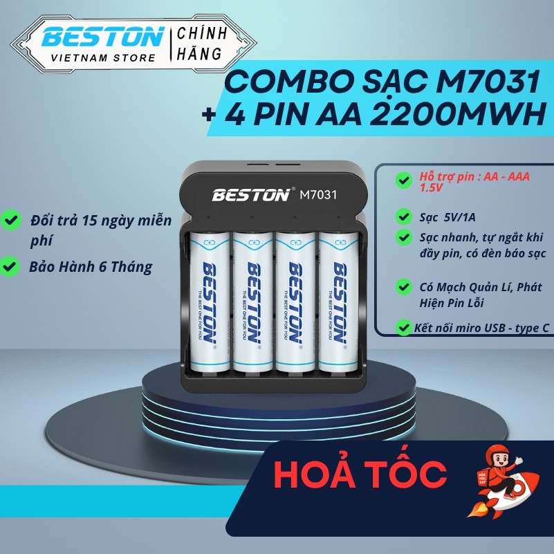 Combo sạc m7031 và 4 pin AA 1.5V Type-C - Sạc nhanh, an toàn.