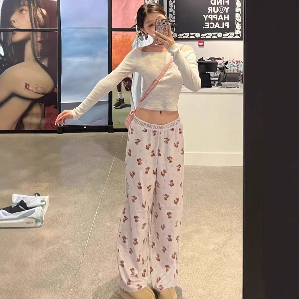 HOLLISTER Little Seagull New Puppy Pants Full Print Snowflake Ribbon Wide Leg Pants Lazy Loose Long 