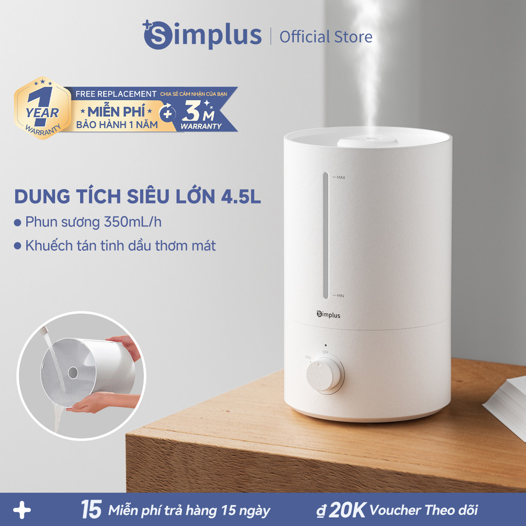 Simplus Máy tạo độ ẩm dung tích 4.5L, phun sương 350mL/h, khuếch hương, lõi lọc kháng khuẩn, độ ồn thấp 35dB JASH006
