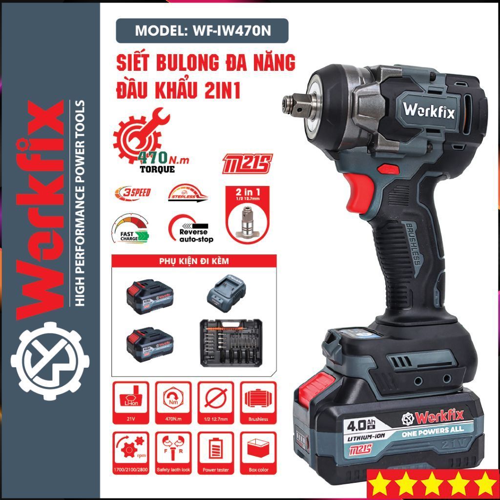 Máy siết bulong pin WORKFIX WF-IW470N, Động cơ Không chổi than, Lực siết 470NM, Kèm 25 Phụ kiện