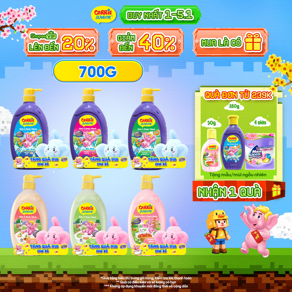   TẶNG Voi dây cót  Chai Sữa Tắm Gội cho bé Carrie Junior hương trái cây thiên nhiên 700g  Tặng màu ngẫu nhiên  