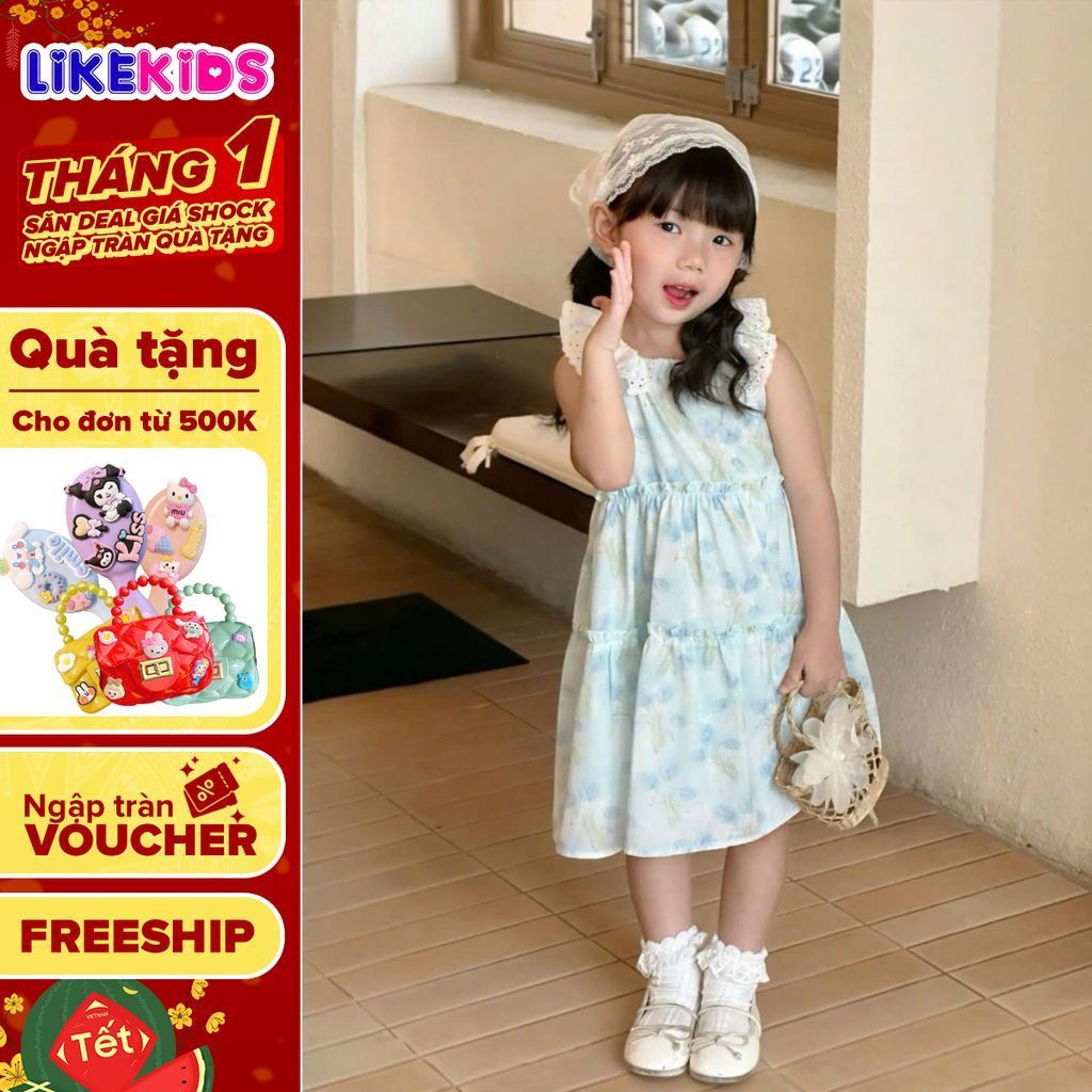 Đầm bé gái hoa nhí dáng xòe công chúa, chất cotton mát nhẹ đi chơi T65 – LikeKids