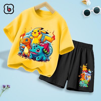 Bộ quần áo cho bé trai BabyloveGO, set đồ thun cotton Pikachu Pokémon cho bé 1-10 tuổi