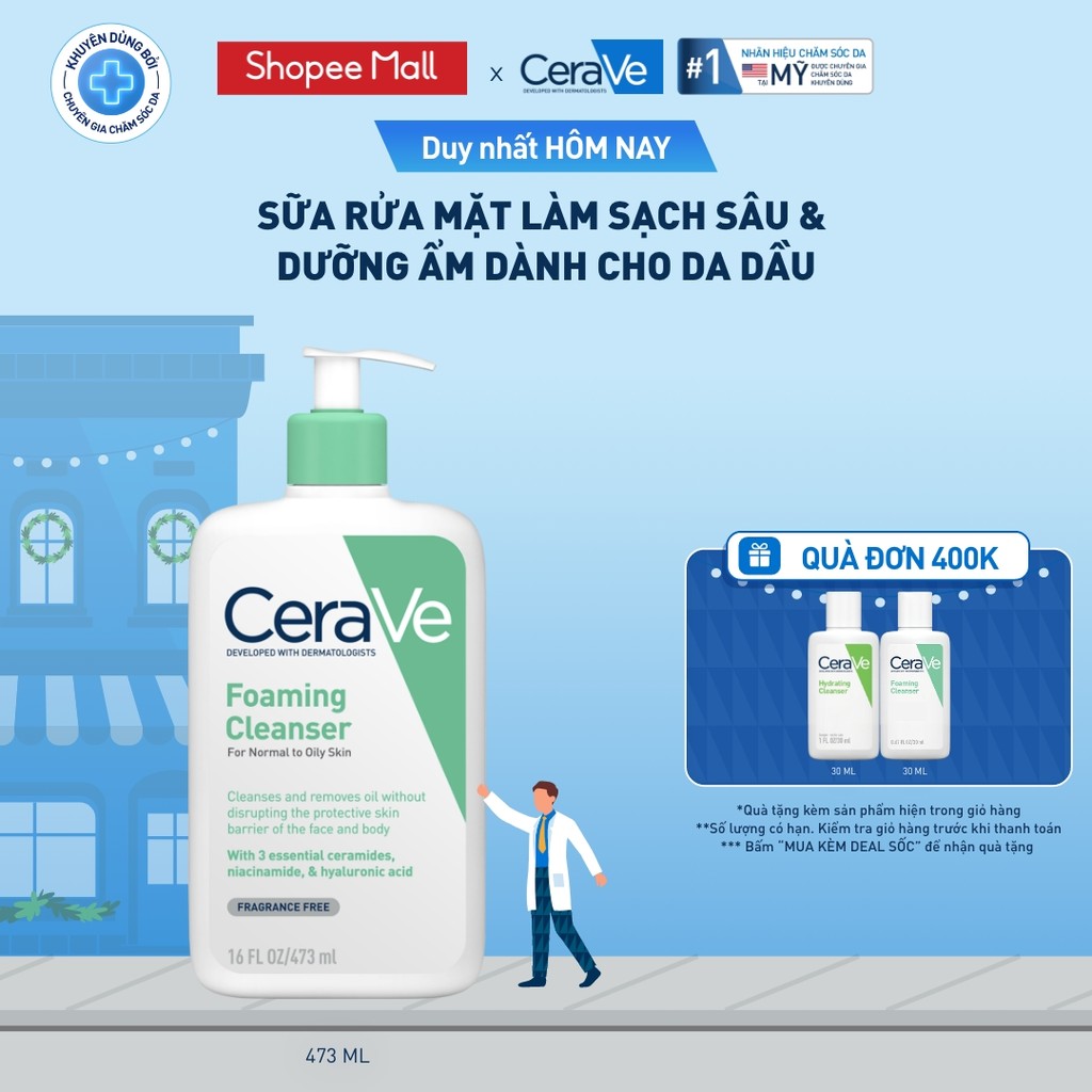 Sữa rửa mặt foaming giúp làm sạch sâu và dưỡng ẩm dịu nhẹ dành cho da dầu - CeraVe Foaming Facial Cleanser 473ML | BigBuy360 - bigbuy360.vn