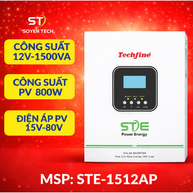Biến Tần Năng Lượng Mặt Trời Techfine STE-1512AP | 1.5KVA 1200W | 12V | PV 800W | Sạc Solar 60A