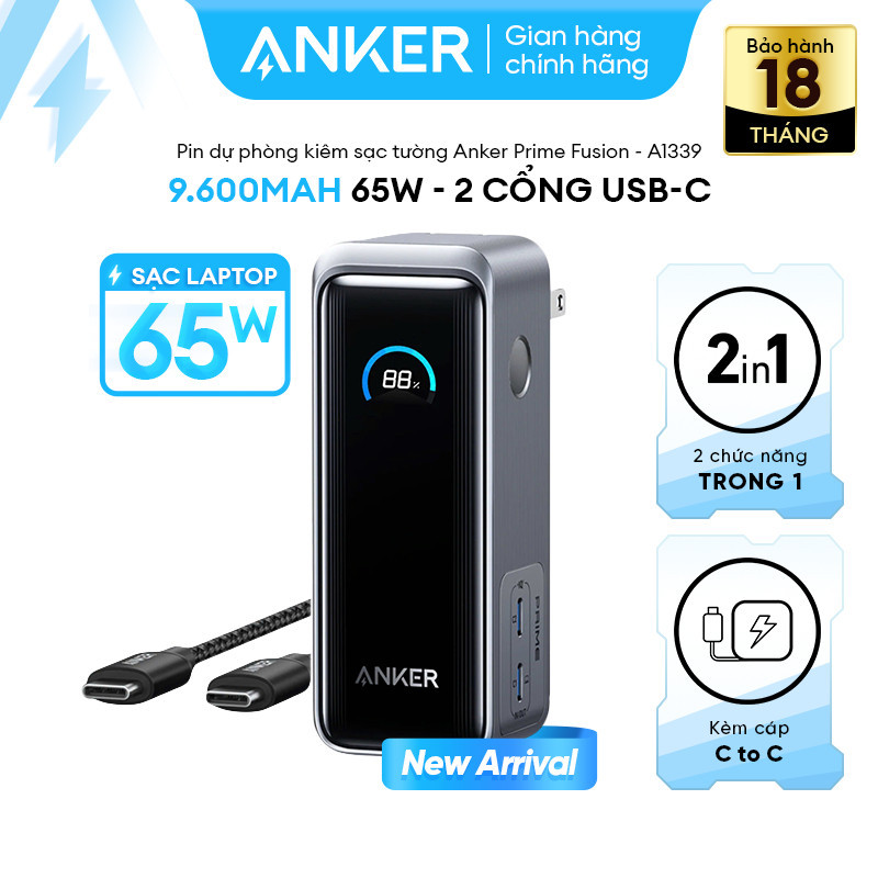[LIVE] SDP Sạc Tường ANKER Prime Fusion 9600mAh 65W - 2 cổng USB-C, kèm cáp CtoC 3,3 ft, 100W- A1339