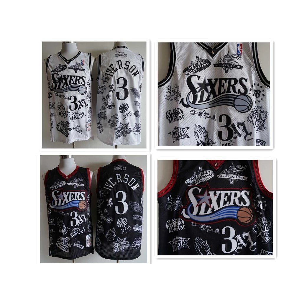 Áo Jersey Philadelphia 76ers Allen Iverson số 76, phiên bản retro thêu hình xăm, lưới thể thao