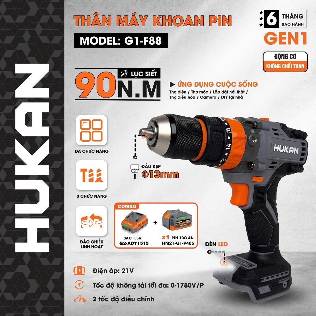 [Akuza.vn] Máy khoan pin HUKAN G1-F88, Không chổi than 90Nm, 3 Chức năng 13mm 20 Cấp trượt