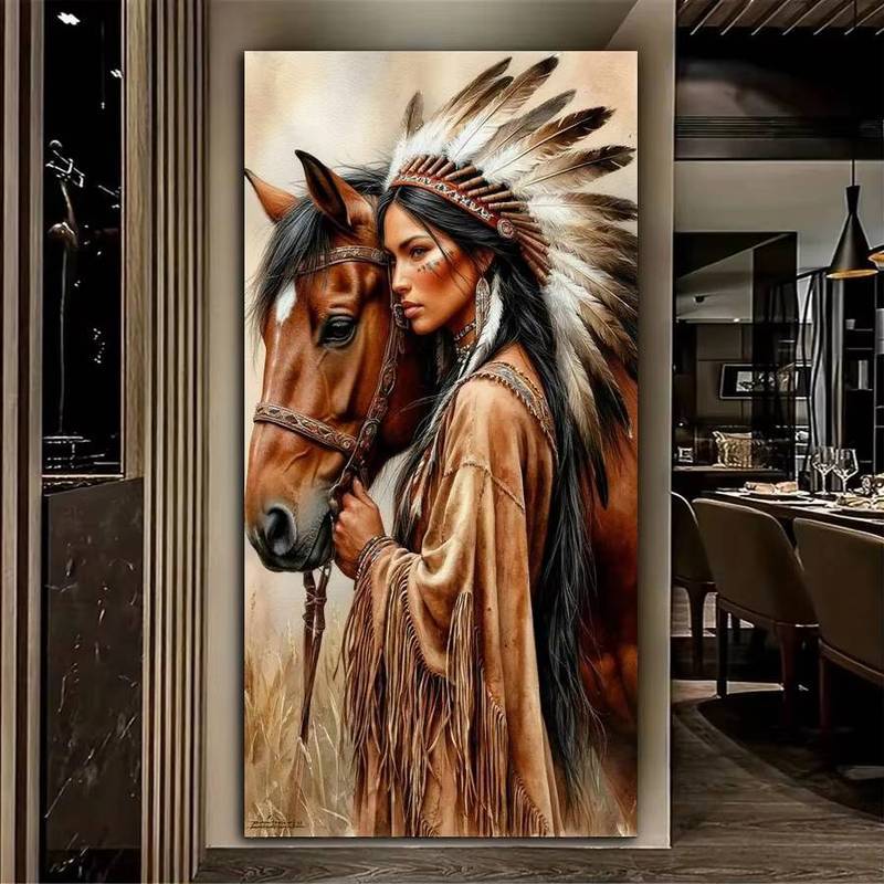 Indian Woman Horse HD Poster No Frame Canvas Painting For Home Room Wall Decor
