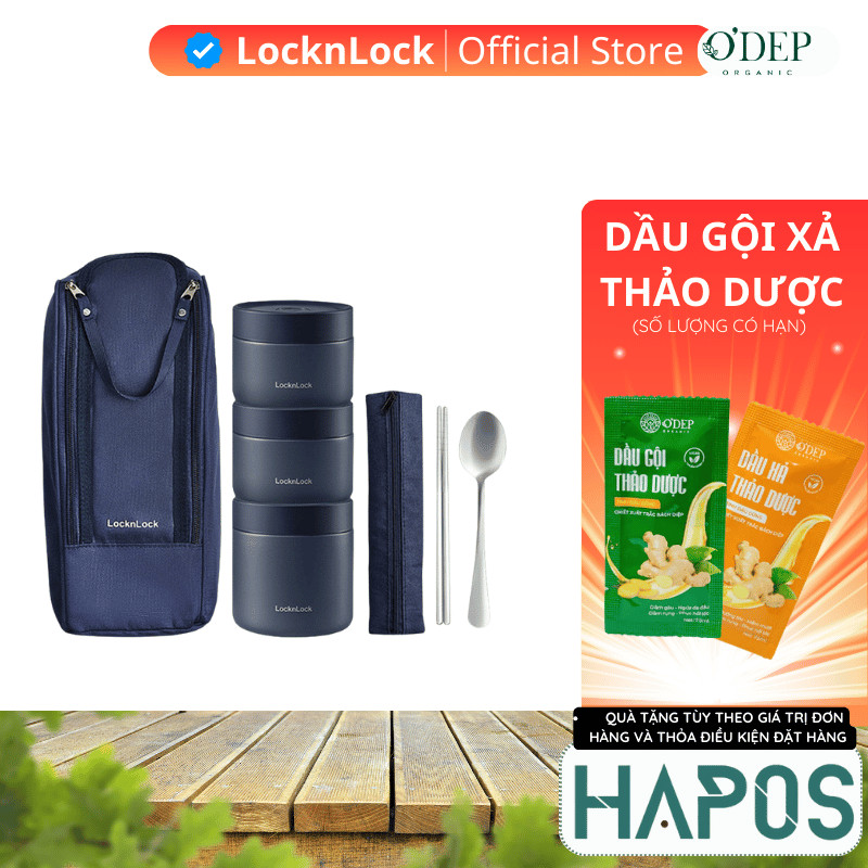 Hộp cơm giữ nhiệt văn phòng 1.1L LocknLock 3 ngăn LHC8052S01, kèm túi và muỗng đũa - HAPOS OFFICIAL