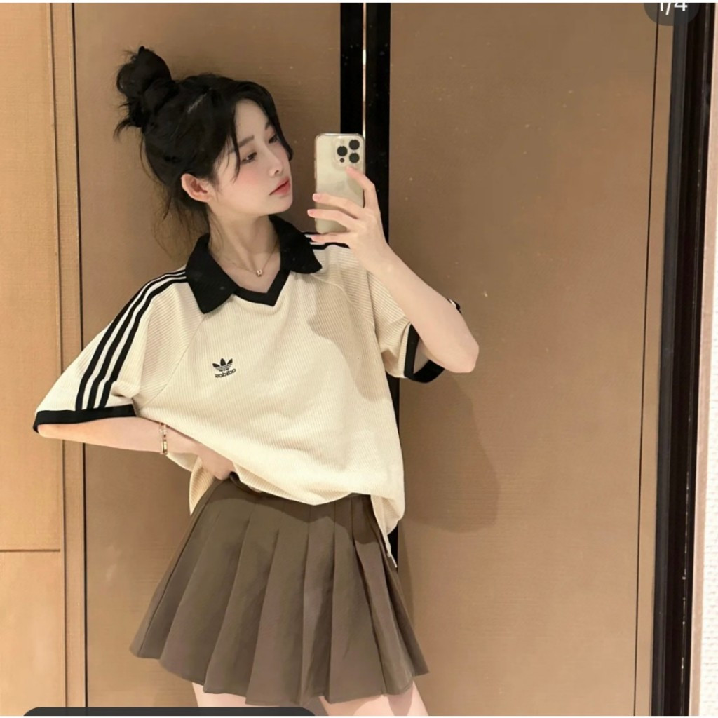 AD Three Stripes Sports Retro Waffle Style Lapel Polo Casual Loose Short Sleeve Shirt T T-shirt for 