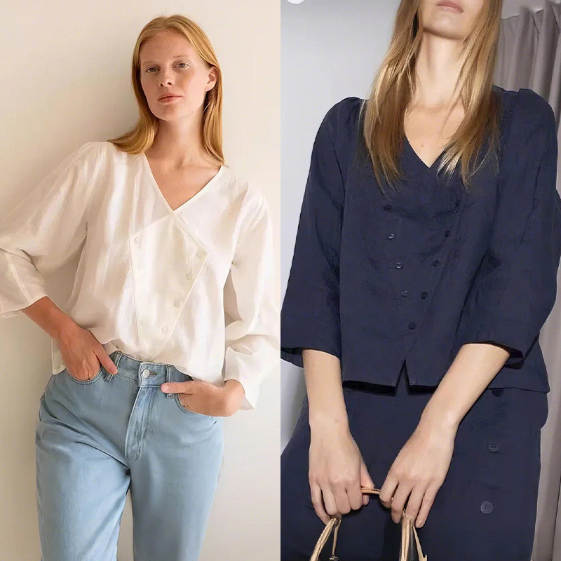 HM3W Sandro 2025Early Spring Design Sense Double-Breasted Jacket V Collared Nine-quarter Sleeve Simp