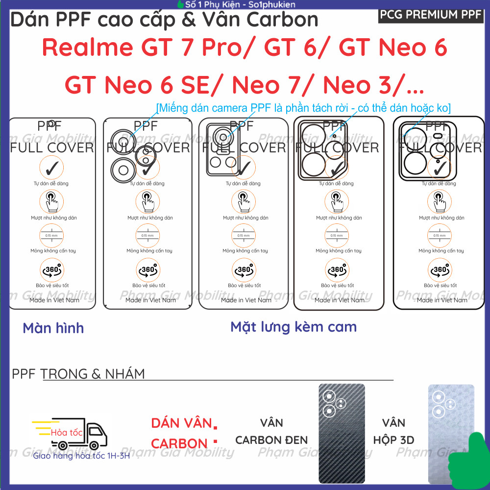 Dán PPF & Skin Carbon Realme GT7 Pro GT 7 Racing/ Neo7 Turbo/ Neo 7SE 7 SE/ GT6 Neo6 6 SE/ 3 Nội địa