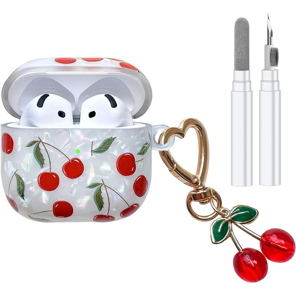 Ốp AirPods 4 dễ thương, Vỏ AirPod 4 thẩm mỹ Cherry Pretty dành cho nữ Cô gái có móc khóa (Cherry, ch