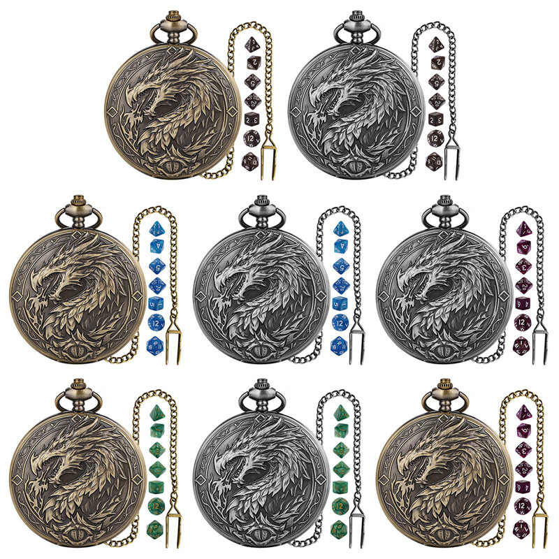 7pcs/set Mini Size Acrylic Polyhedral Dice with Bronze Large Size Dragon Fire Pocket Watch Case and 