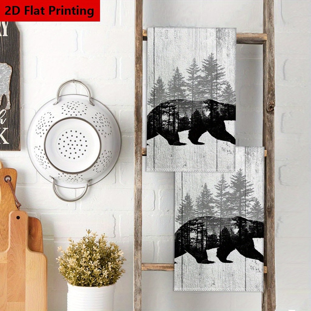 In phẳng 2D Hình con gấu 2D| Cây thông| Kết cấu gỗ| Khăn trang trí nhà bếp màu trắng đen và khăn ăn 