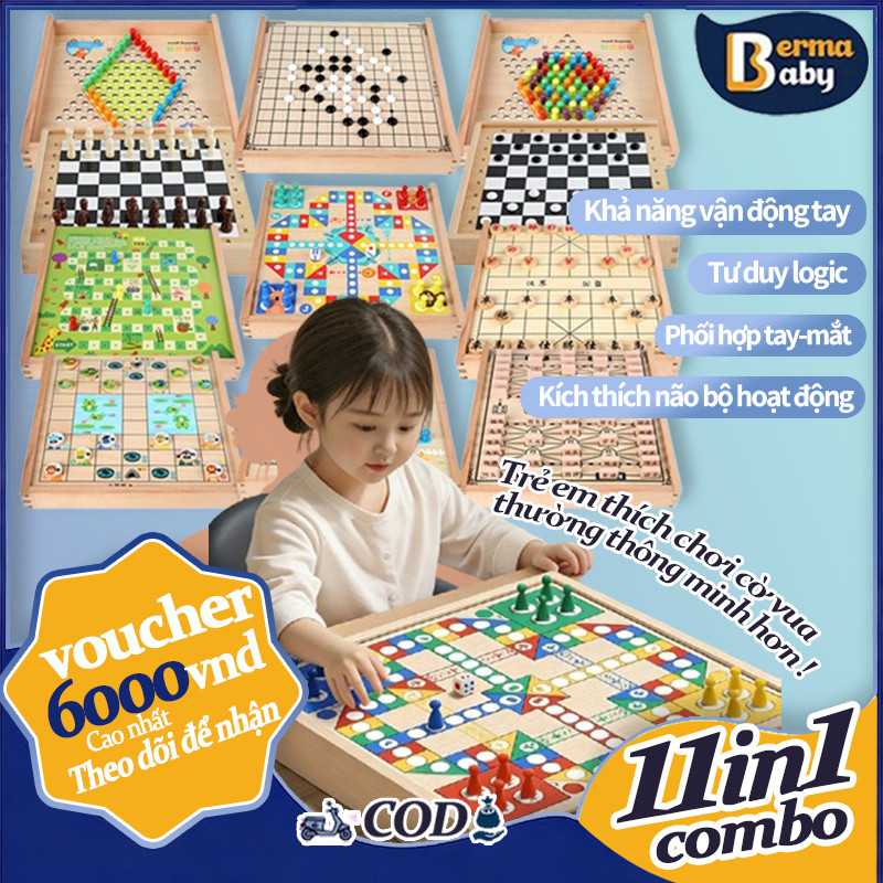 Bộ cờ đa năng 11 trong 1-Bàn cờ Thông Minh Montessori cờ tướng cờ vua cờ vây cờ cá nhảy bàn gỗ thông