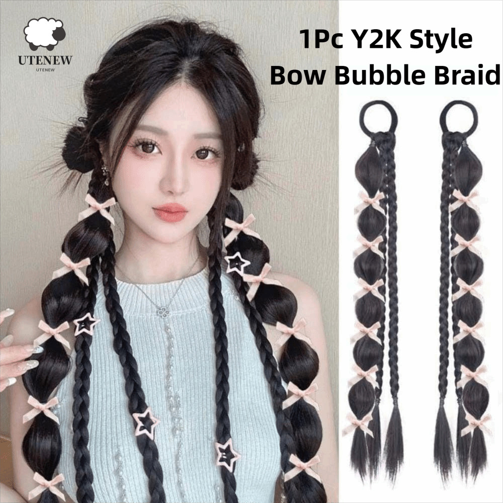 UTENEW Nơ Bông Bóng Bím Tóc Giả, Style Y2K, Tóc Giả Tự Nhiên Cho Braids Lantern Và Boxing Braid