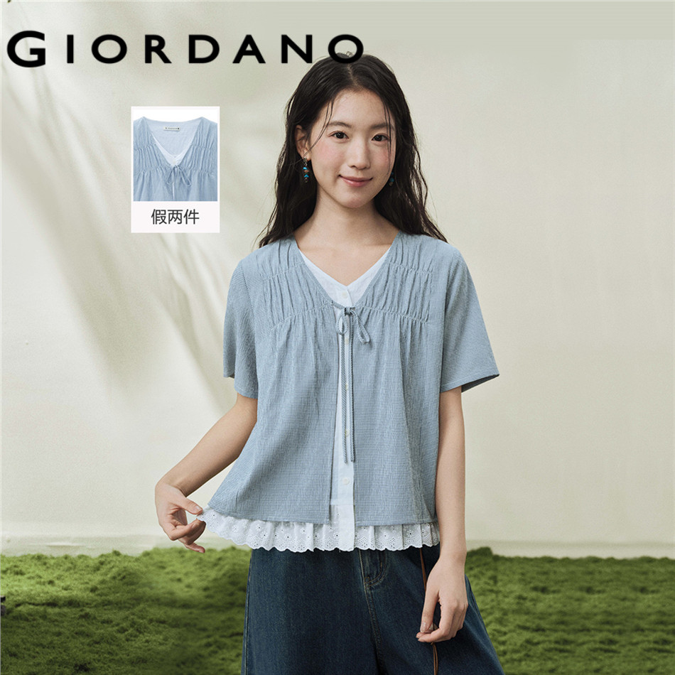 GIORDANO WOMEN Pseudo-two-piece checkered lace hem V-neck woven short-sleeve shirt - High Quality 18