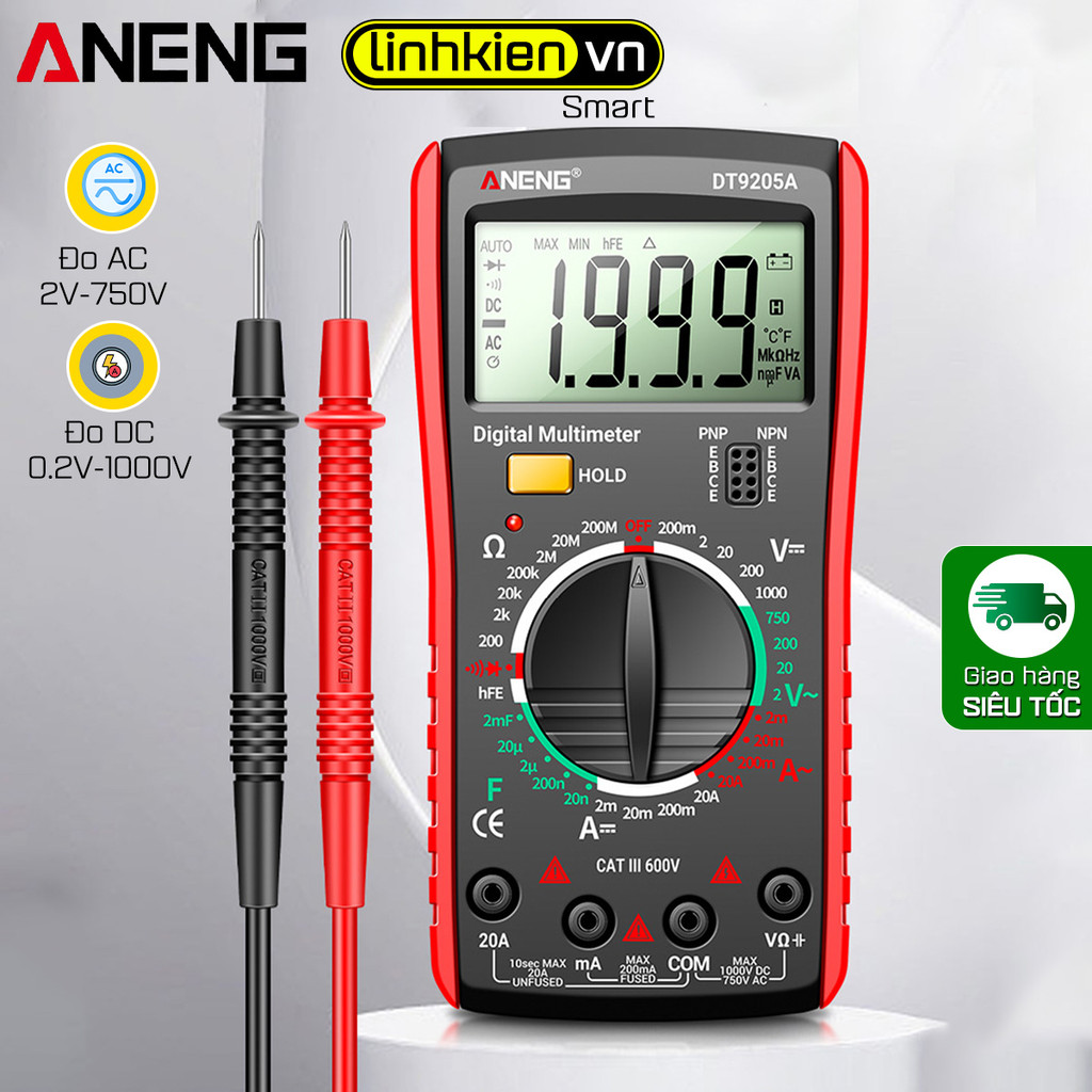 Đồng hộ đo điện vạn năng ANENG DT9205A Máy kiểm tra Transistor AC / DC có phạm vi tự động và chức nă