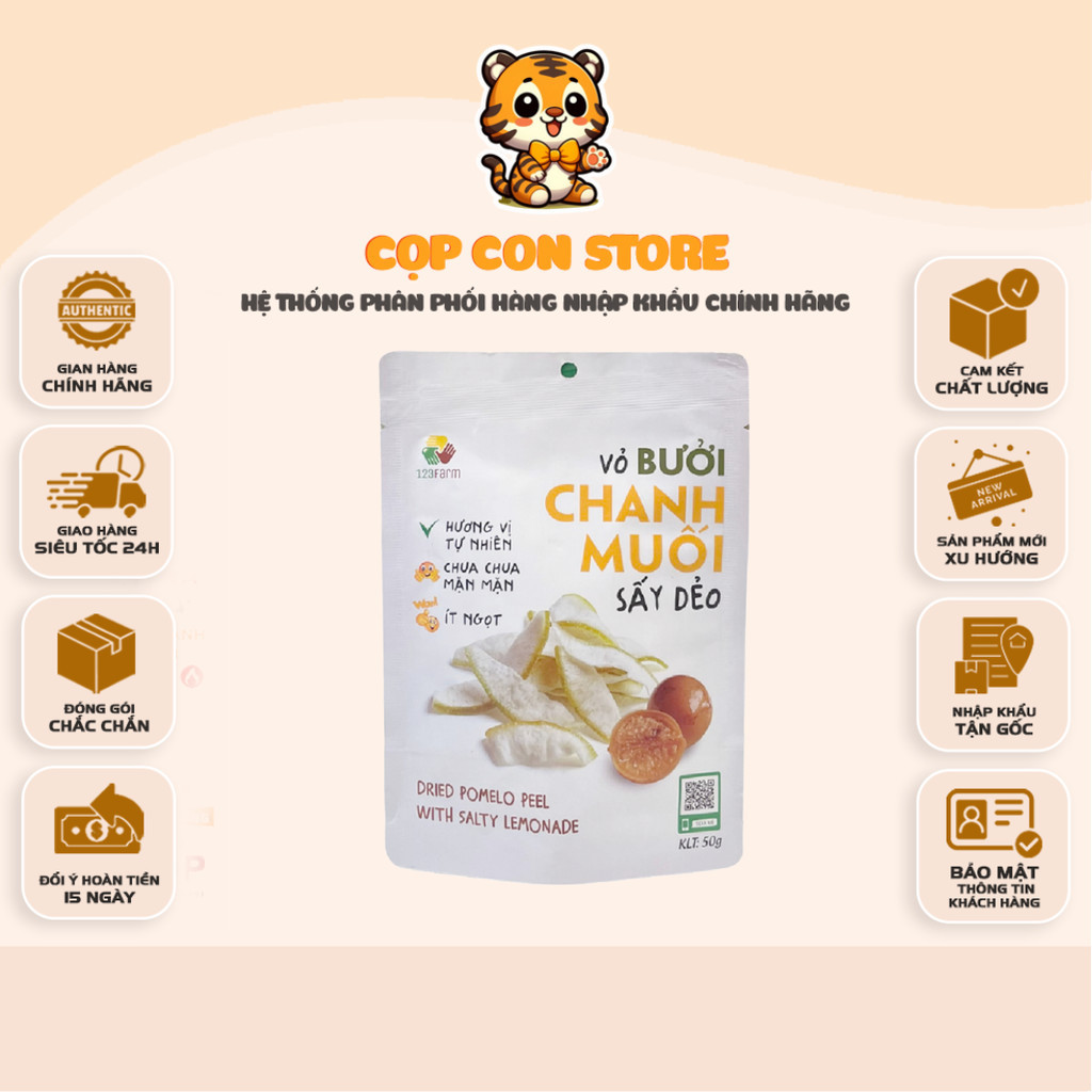 [COMBO 3 GÓI] Vỏ Bưởi Chanh Muối Sấy Dẻo 123Farm - GÓI 50g