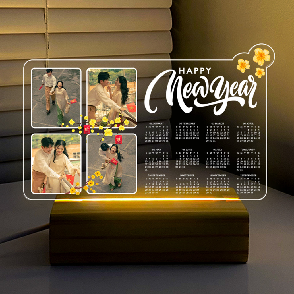 Khung Ảnh Mica Đế Đèn LED In Ảnh Theo Yêu Cầu – Lịch Tết Hoa Mai, LED USB, Mica 3mm (Nhận Hỏa Tốc)
