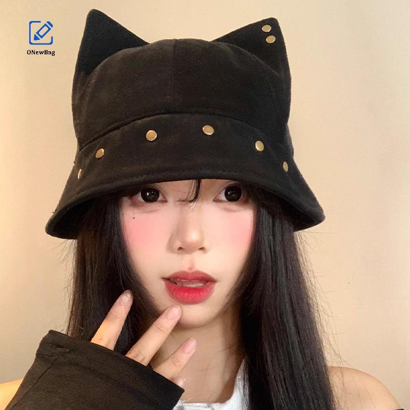 ONew Dễ Thương Ngộ nghĩnh Tai Xô Mũ Thời Trang Vintage Đinh Tán Đa Năng Thường Ngày Nón Bng