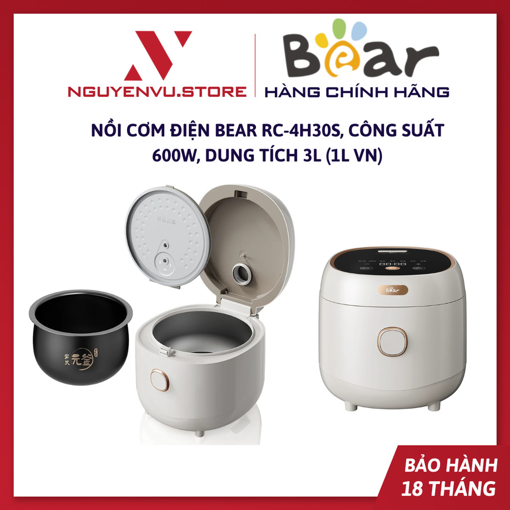 [KHO HN - HCM] Nồi cơm điện 1L Bear DFB-H30A3 (RC-4H30S), 600W, Lòng Tráng Men - Hàng Chính Hãng