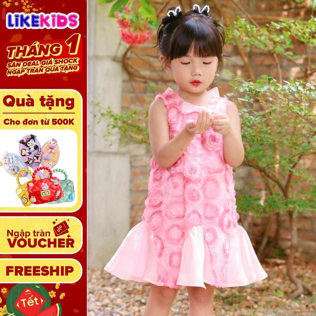 Đầm công chúa bé gái  họa tiết hoa 3D nổi sang chảnh chất mềm mát T47 – LikeKids