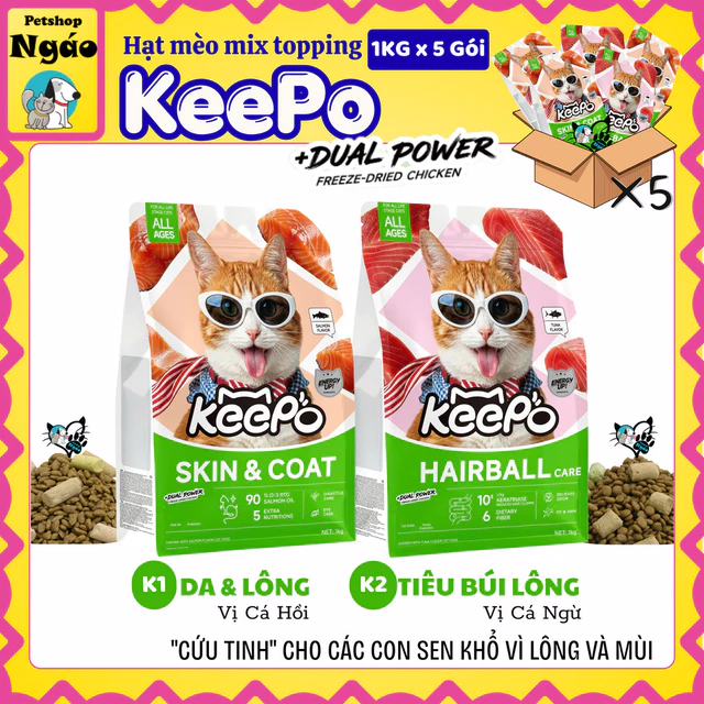 [5 -10 Gói] Thức ăn mèo mix topping Keepo K1 & K2 Gói 1KG: Mượt lông, Tiêu búi lông & Tiêu hóa khỏe