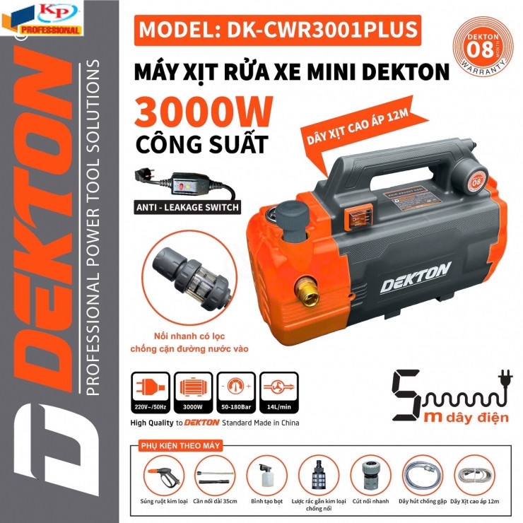 Máy Rửa Xe Chỉnh Áp DEKTON DK-CWR3001PLUS 3000W - Có Công Tắc Chống Giật - Phiên Bản Nâng Cấp Kim ph