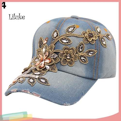 LK Nữ Dập Nổi Hoa Denim Mũ Bóng Chày Mùa Hè Kim Cương Giả Kẻ Sọc Mũ Quần Jean