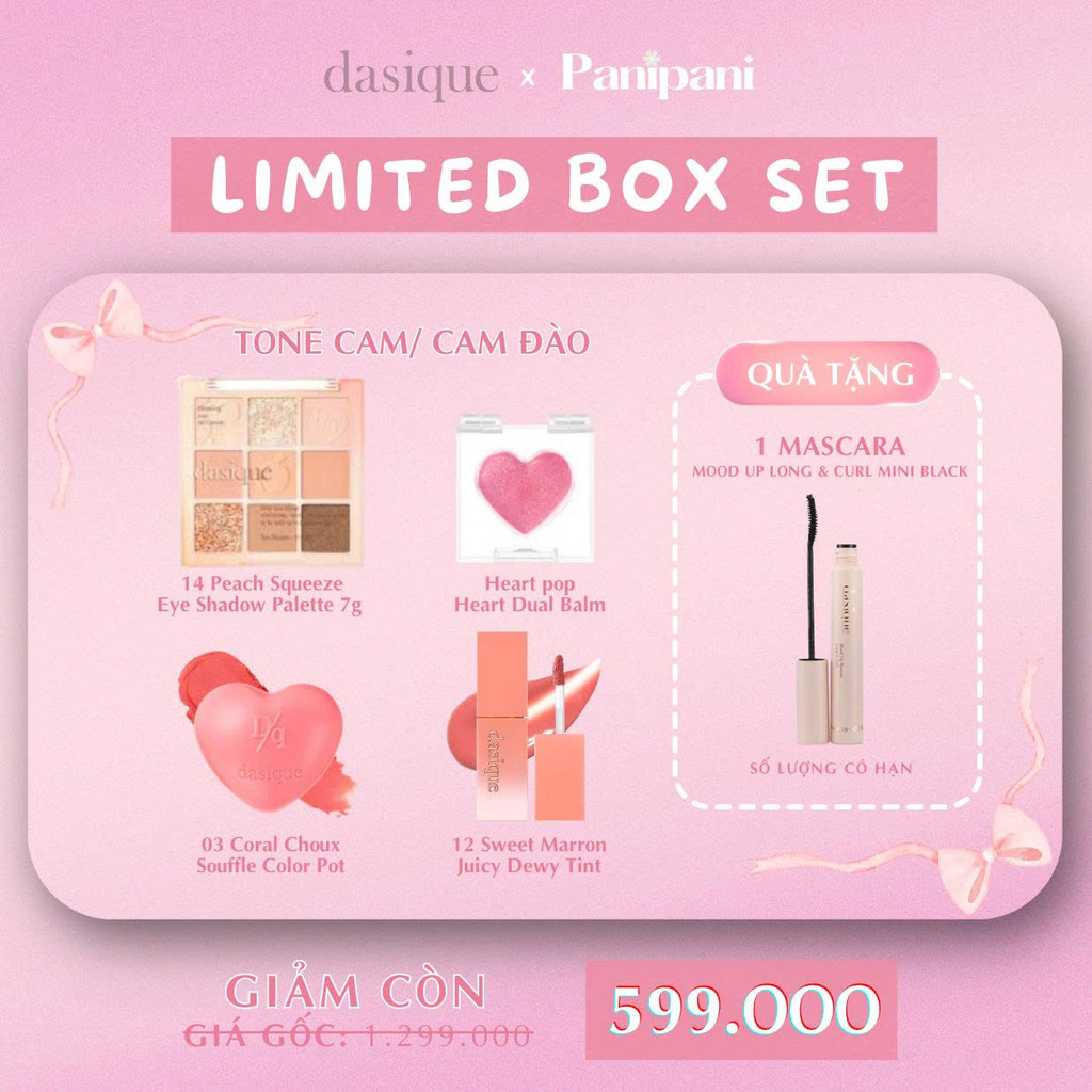 [DASIQUE] Bảng Mắt 14 Peach Squeeze + Son Dưỡng Heart Pop + Son bùn 03 Coral Choux + Son 12 Sweet Ma