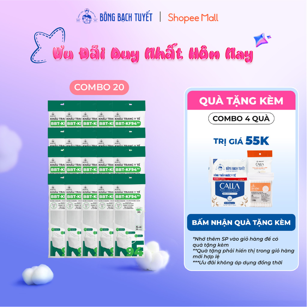   Bao bì mới  Combo 20 Gói khẩu trang Bông Bạch Tuyết KF94 Trắng  10 cái gói  