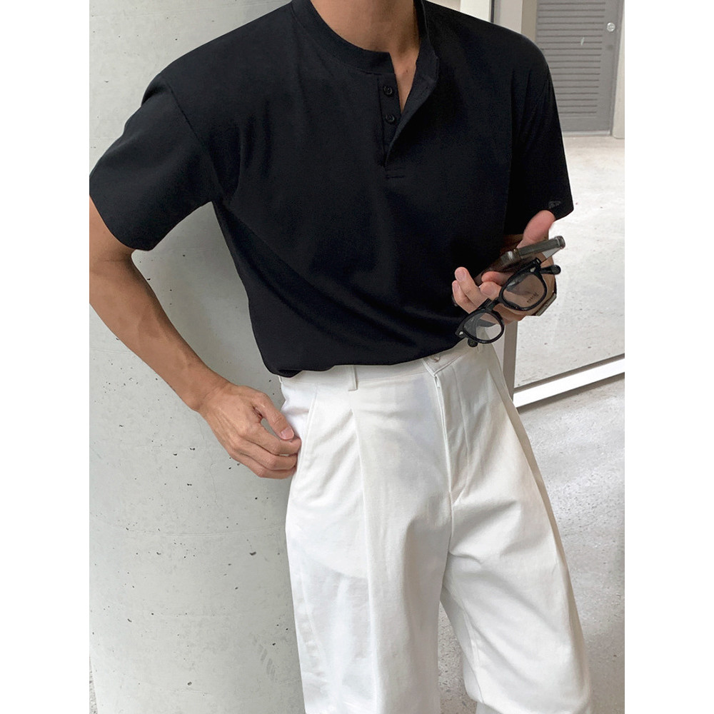 MYQ Handsome Henry Collar Short Sleeve T Men's Summer Loose Fit Gym Short Shirt T  Korean Version Tr