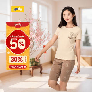  🌸SALE TẾT🌸 Bộ đồ nữ YODY set áo quần thun in hình gấu vải cotton thoải mái,thoáng mát WCST25S109 cần ẩn 