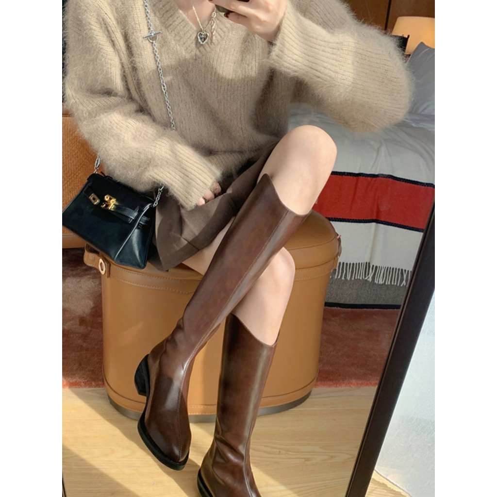 Mới Dây Kéo Lưng Giày Da Dày V-Mouth Western Cowboy Boots Nữ Cao Gót Mũi Nhọn Hiệp Sĩ Boots