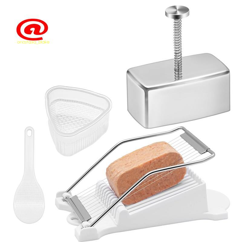 Bộ khuôn Onigiri Khuôn Musubi bằng thép không gỉ có máy thái lát và khuôn cơm hình tam giác và thìa 