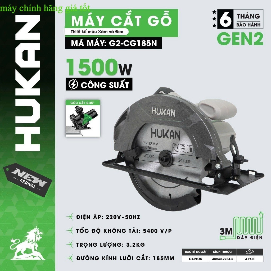 Máy cưa gỗ HUKAN G2-CG185N, Công suất 1500W, Tặng 1 cặp chổi than + 1 Đĩa cắt Máy chính hãng GT