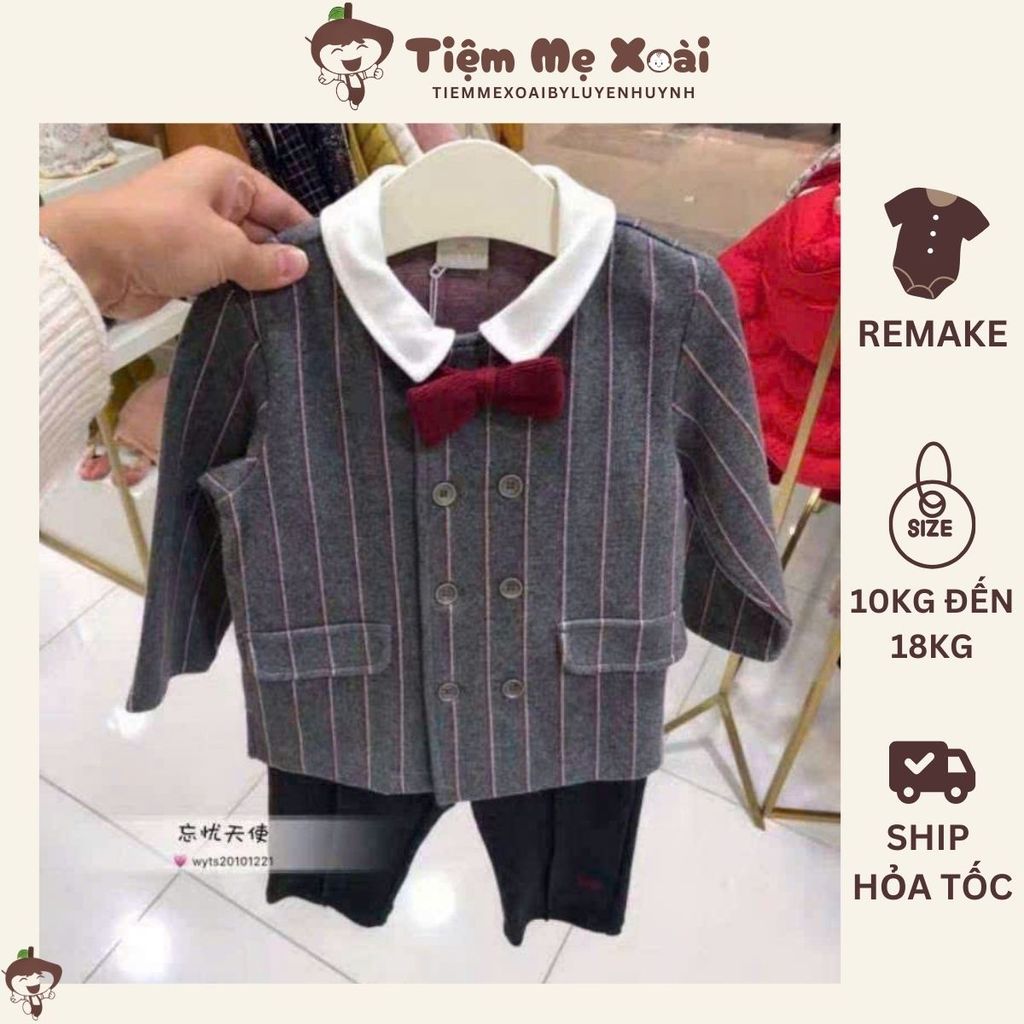 Set Ettoi Rmk xám nơ đỏ cho bé trai chất cực đẹp
