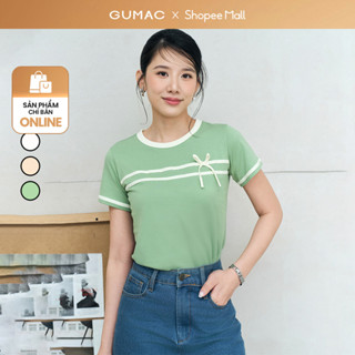  Áo thun nữ form ôm nhẹ GUMAC cổ tròn phối dây nơ cotton co giãn thoải mái thoáng mát  LATF0423 