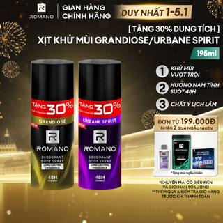  TĂNG 30% DUNG TÍCH  Xịt khử mùi cho nam toàn thân Romano ngăn mồ hôi và mùi cơ thể Grandiose   Urban Spririt 195ml 
