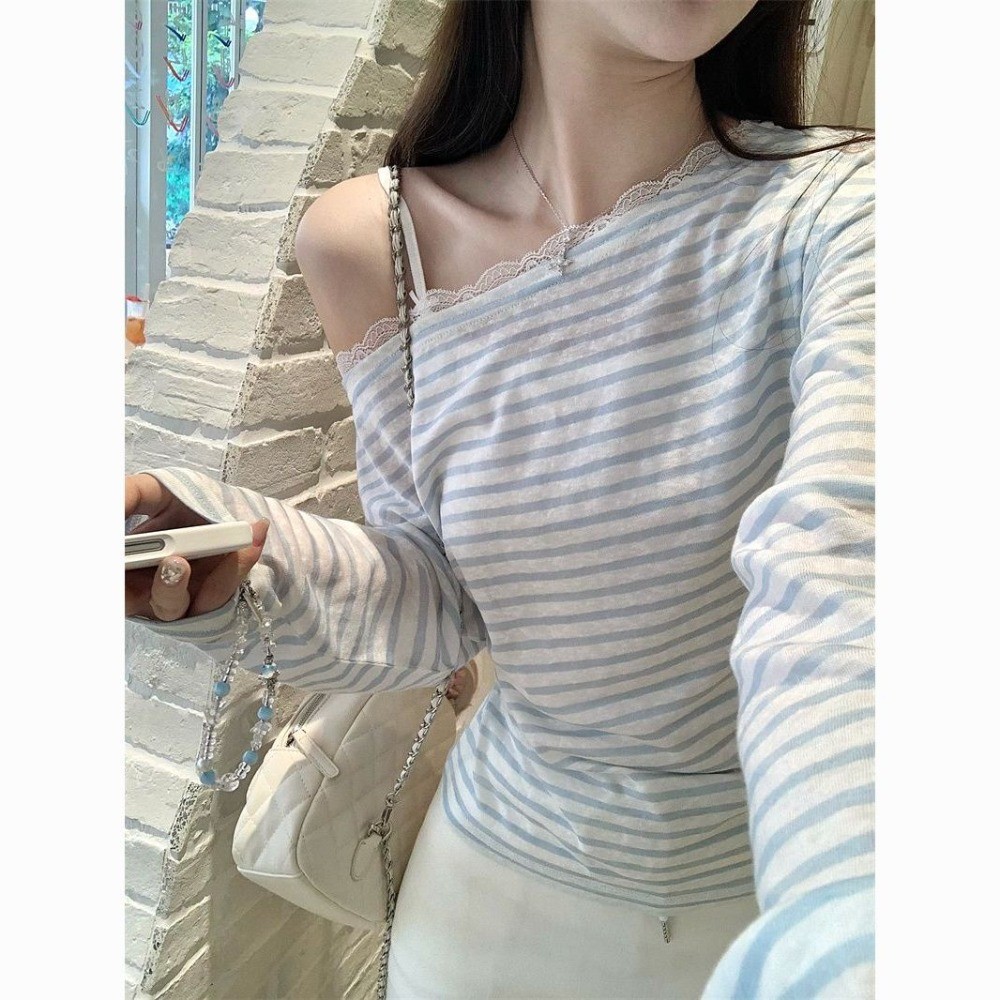 Áo Thun Nữ Sọc Dài Tay Mới Lệch Vai Ren Thời Trang Mới | BigBuy360 - bigbuy360.vn