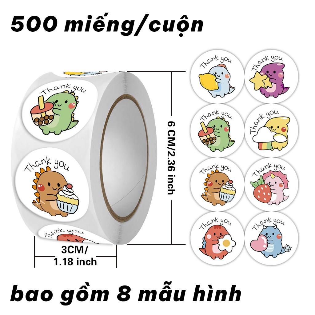 Roll of 500 Cute Dinosaur Stickers, Thank You Labels, Sealing Stickers, Gifts, DIY School Supplies