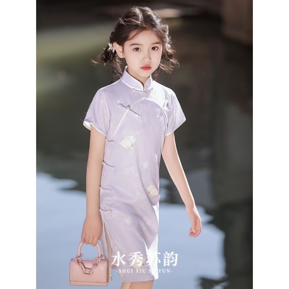 JUA Purple children's cheongsam, new summer style, modern Chinese-style thin dress for girls, improv
