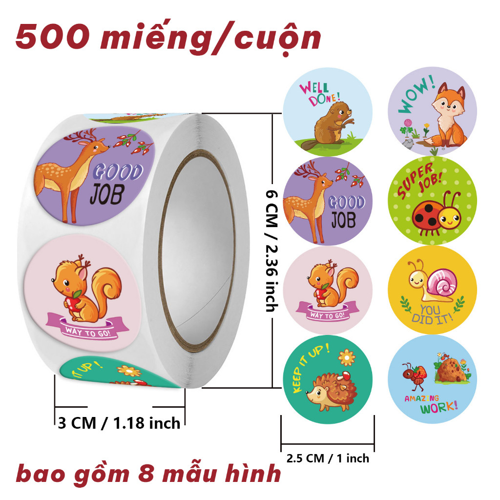 [500 Stickers/Roll] Adorable Cartoon Reward Stickers for Kids, Funny Animal Stickers - Encouragement