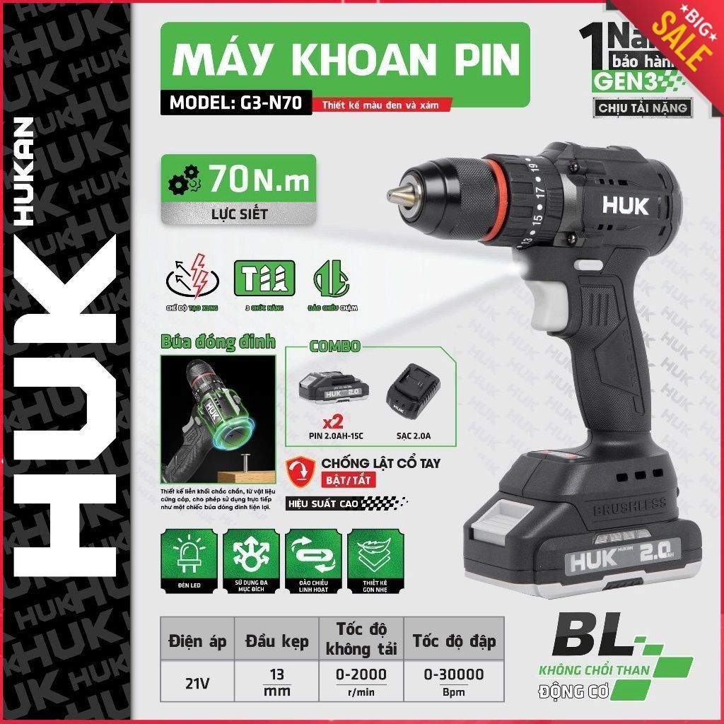 Máy khoan pin HUKAN G3-N70, Lực siết 70Nm, 3 Chức năng Có búa 13mm, Có chống lật cổ tay, Free ship