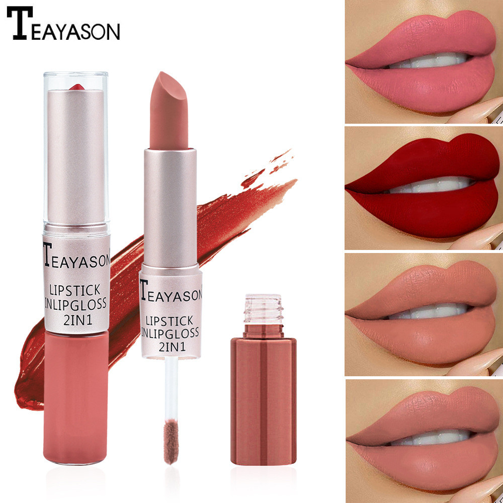 Cốc chống dính hai đầu Matte Matte Lip Gloss Hai trong một Matte Bean Paste Môi chống thấm nước khôn