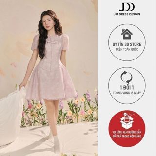  Đầm đè dây nơ ngực nhún sườn họa tiết 1R07.2503OG váy tơ mềm chiết eo dáng xòe bồng nữ tính đáng yêu thiết kế bởi JM 